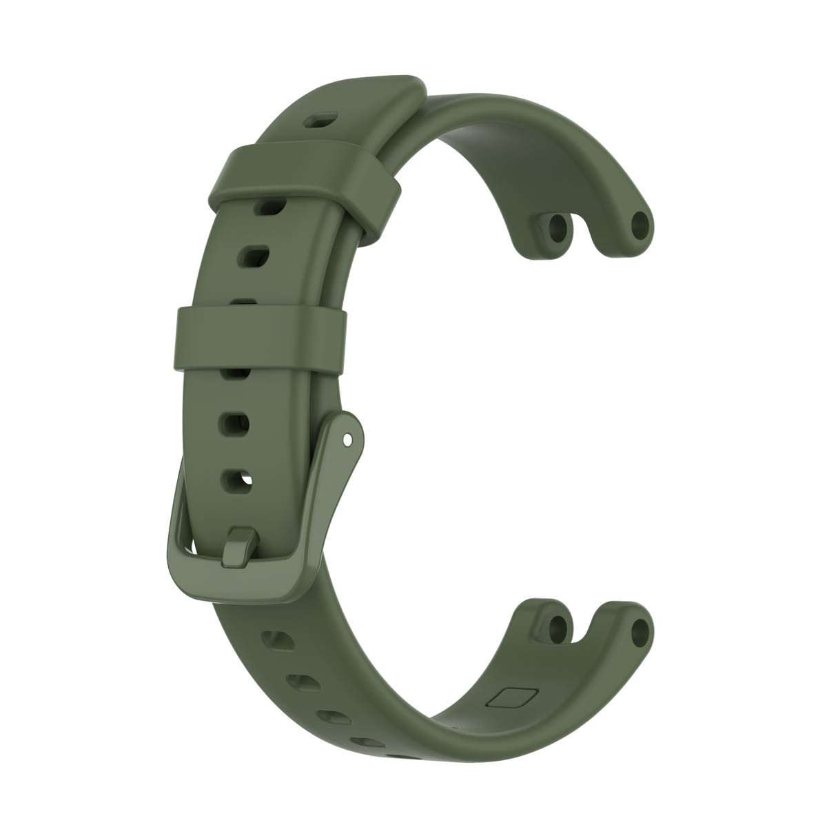 Ein olivgrünes Uhrenarmband in C-Form mit Metallschnalle und mehreren Verstelllöchern.