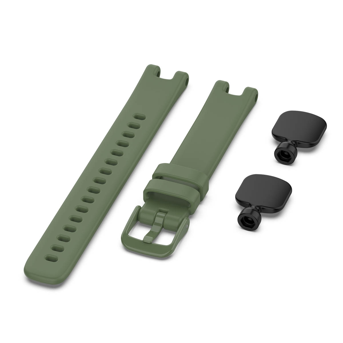 Olivgrüne Uhrenarmbänder und schwarze Stifte, Uhrenschnalle. Komponenten für eine Uhr.