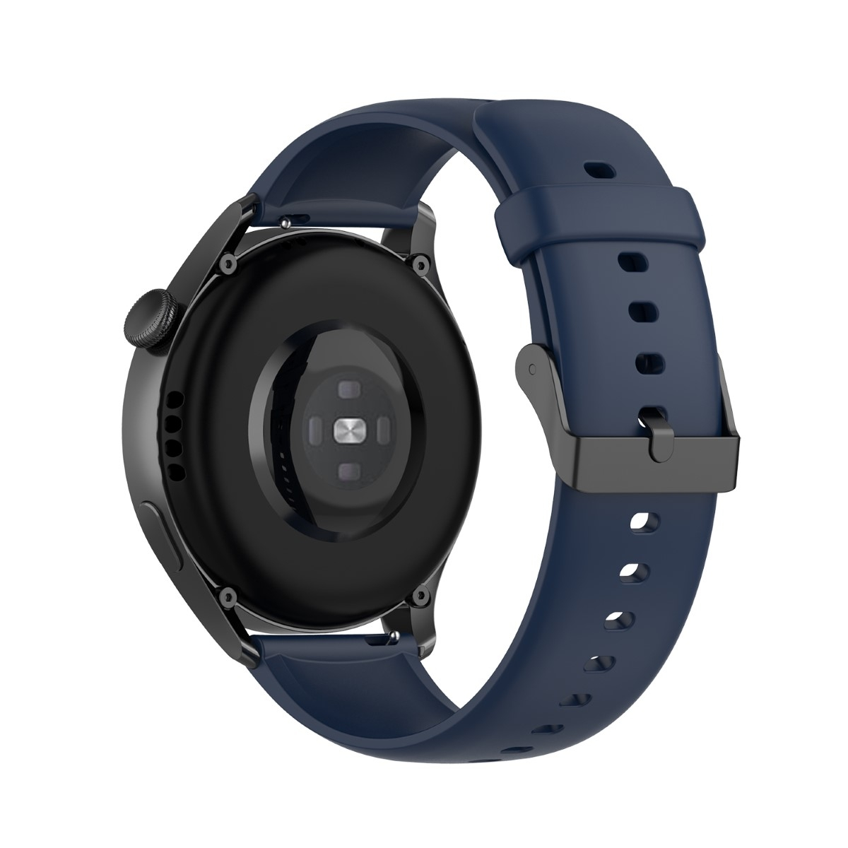 Die Rückseite einer dunkelblauen Smartwatch mit passendem Armband und schwarzer Schnalle vor weißem Hintergrund.