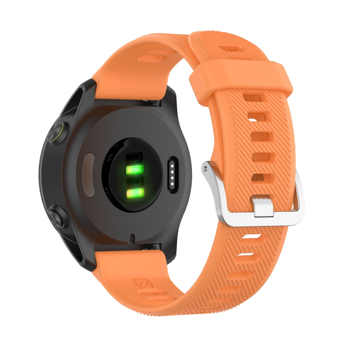 Orange Smartwatch mit orangefarbenem Armband, schwarzer Sensore.