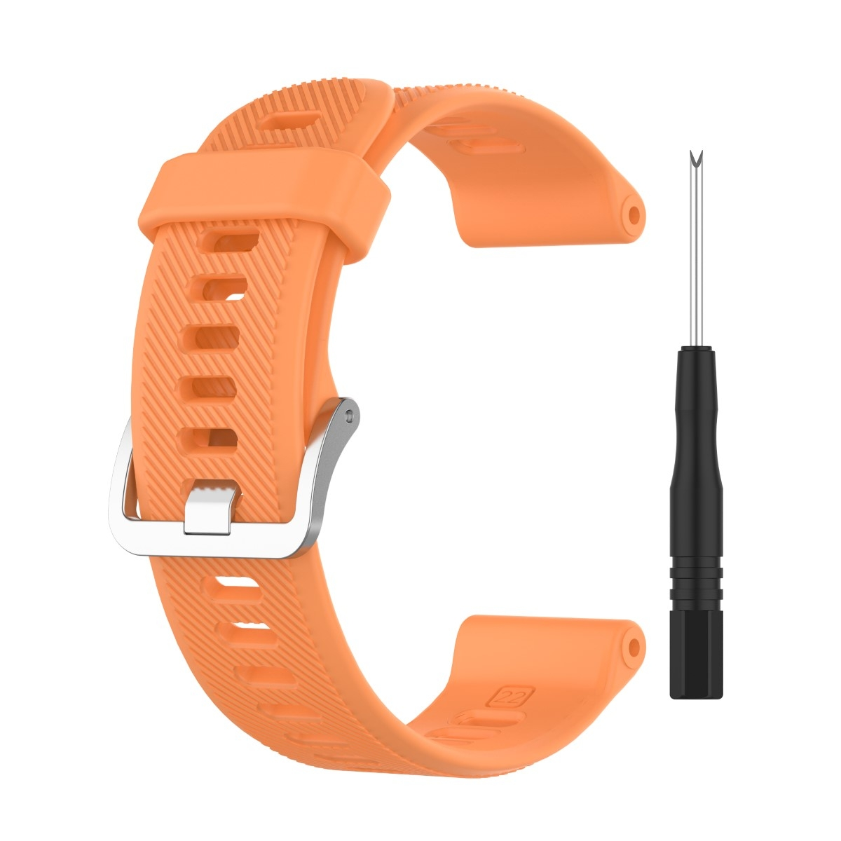 Orangenes Uhrenarmband mit Schraubendreher. Silberschnalle, strukturierte Oberfläche.