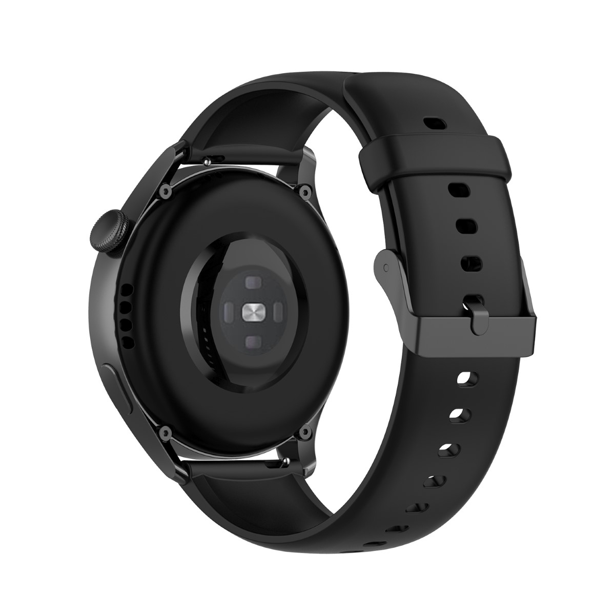 Schwarze Smartwatch mit schwarzem Armband, zeigt die Rückseite der Uhr mit Sensor und Verschluss.