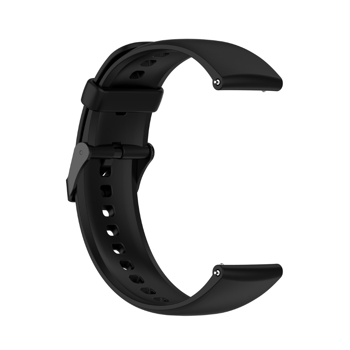 Schwarzes Uhrenarmband. C-Form, sicherer Sitz, strukturierte Oberfläche und schwarze Schnalle.