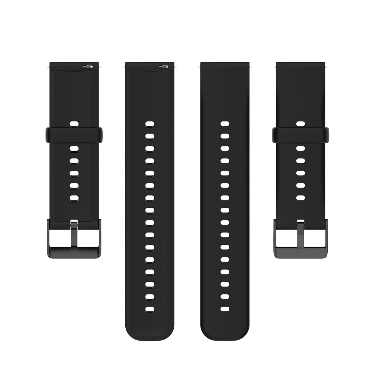 Vier schwarze Uhrenarmbänder mit silbernen Schnallen. Armbänder haben Löcher zur Einstellung.