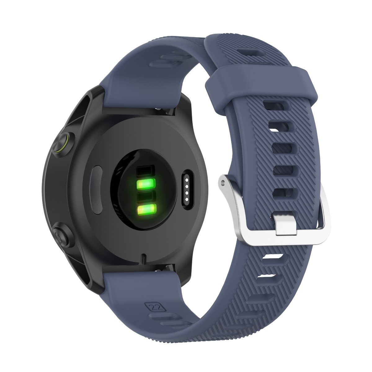 Smartwatch von hinten mit blauem Armband, Sensoren und schwarzer Rückseite. Das Armband hat eine silberne Schnalle.