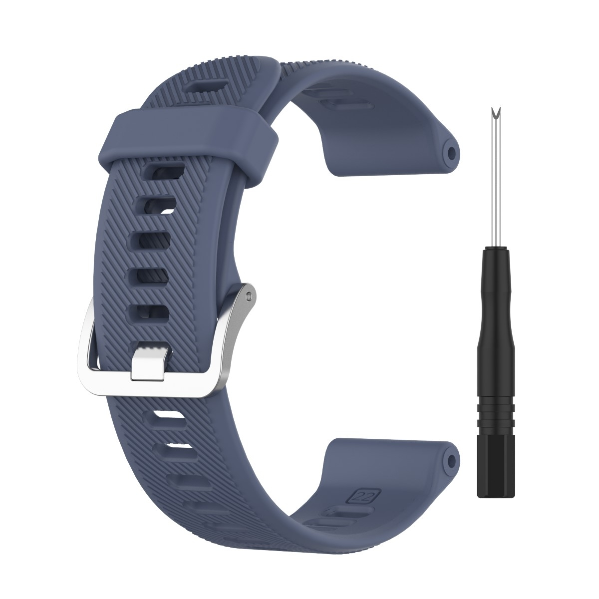Blaues Uhrenarmband mit Schraubendreher. Weißer Hintergrund.