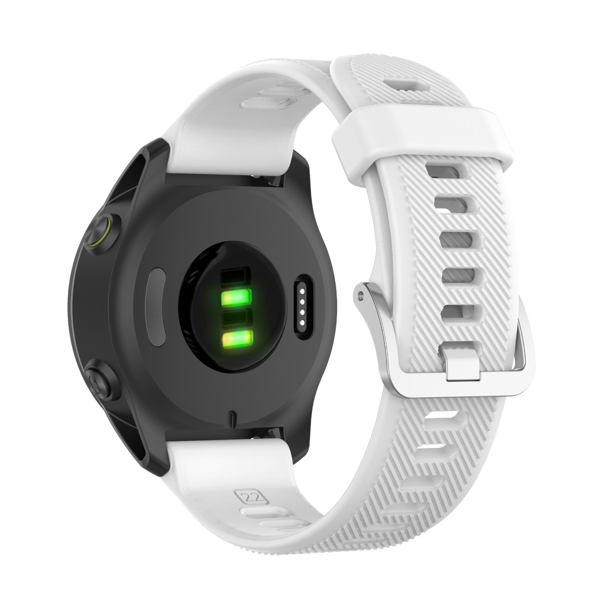 Smartwatch-Rückseite. Hat ein weißes Armband. Grünes Licht am Sensor der Uhr leuchtet.