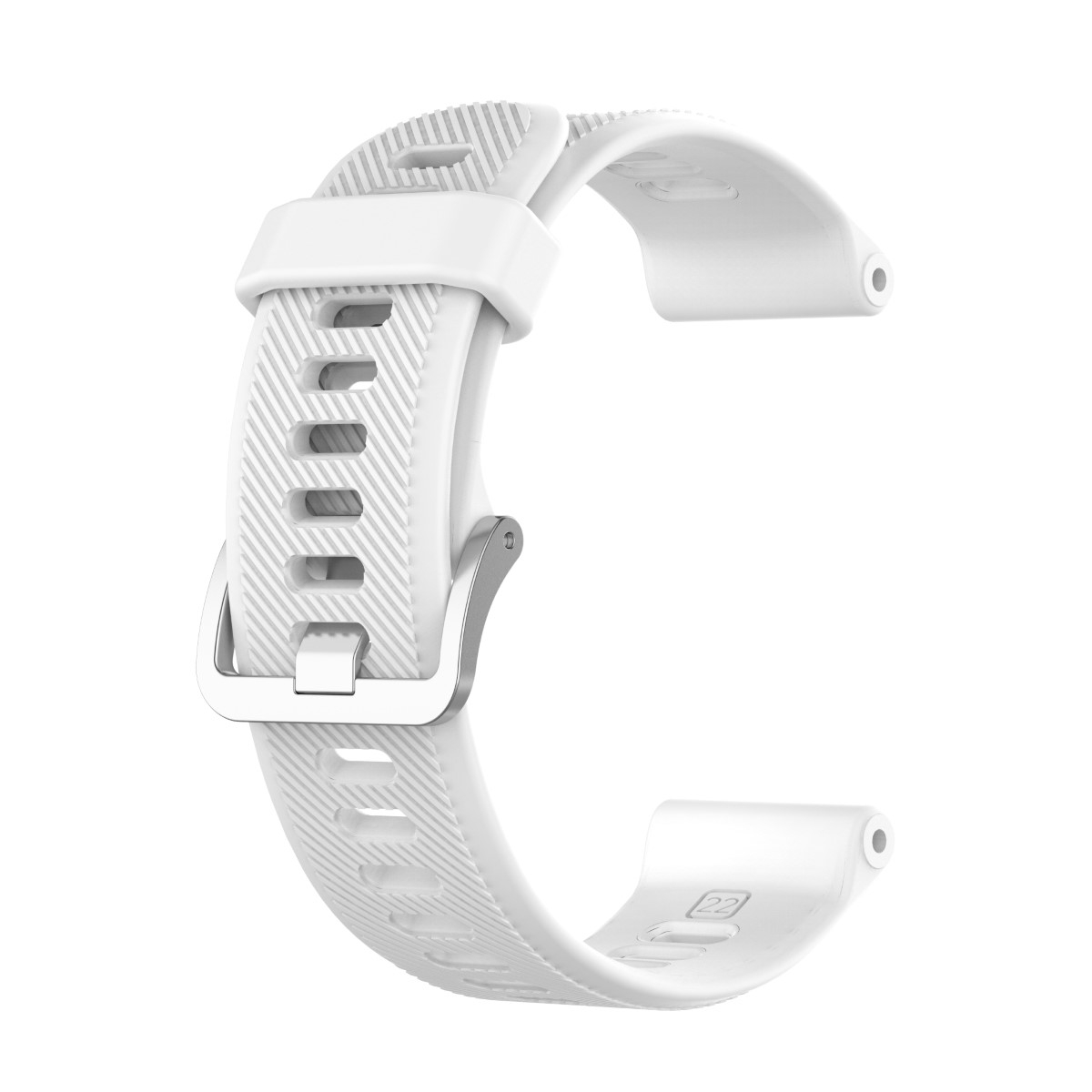 Ein weißes Uhrenarmband mit silberner Schnalle.