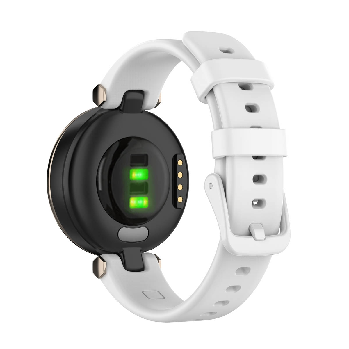 Weiße Smartwatch mit schwarzer Rückseite, die grüne Herzfrequenzsensoren zeigt. Weißes Armband mit Schnalle.