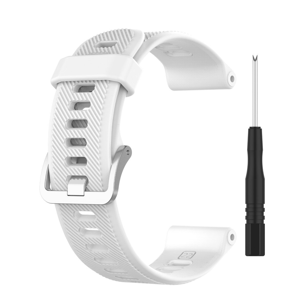 Ein weißes Uhrenarmband mit Schnalle und kleinem Werkzeug rechts.