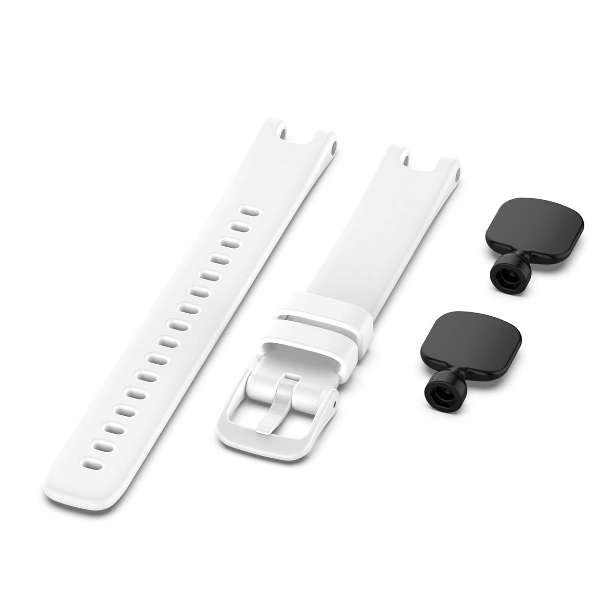 Weißes Uhrenarmband mit Schnalle und zwei schwarzen Stiften, angeordnet auf weißer Oberfläche.