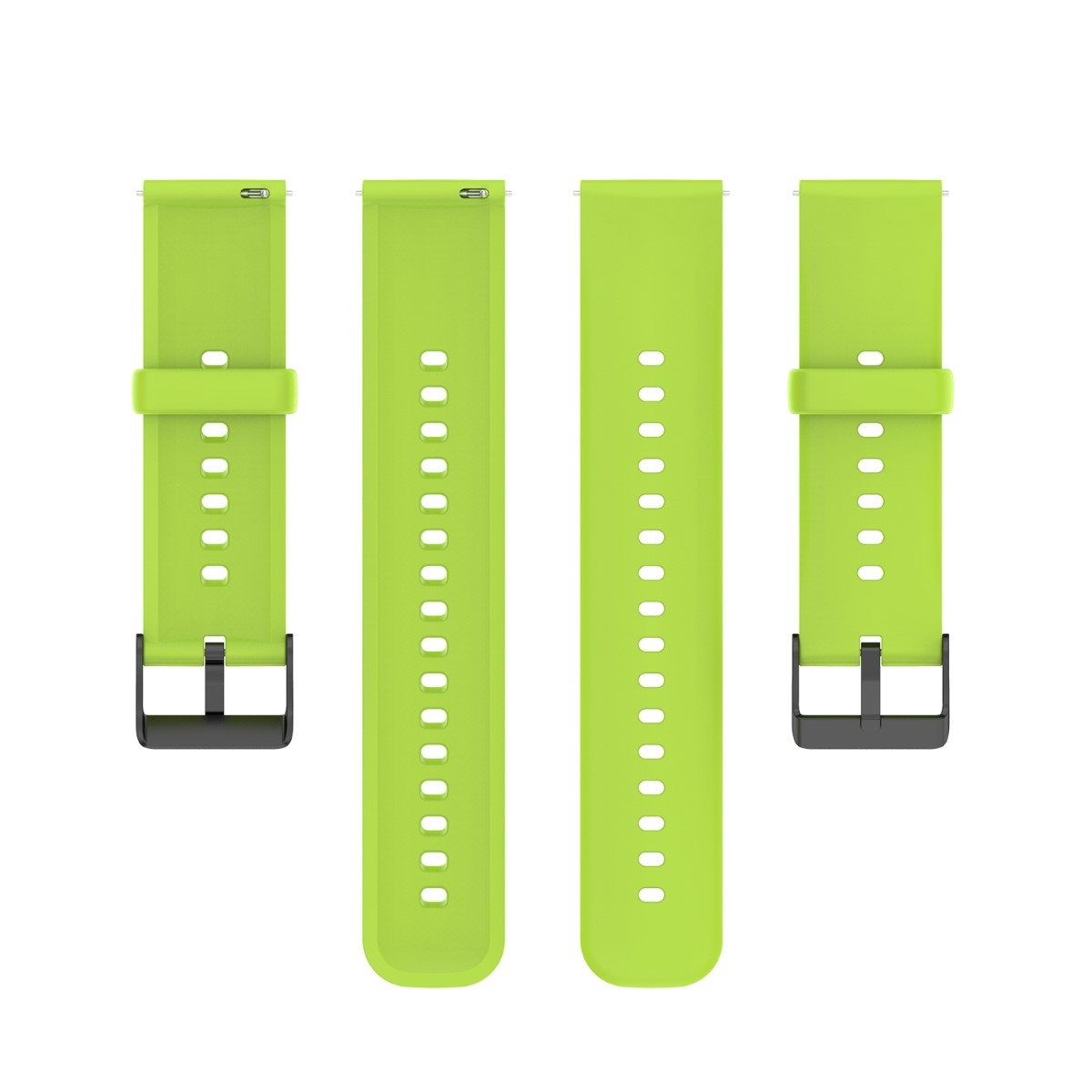 Hellgrüne Uhrenarmbänder, zwei lang, zwei kurz, mit schwarzen Schnallen.