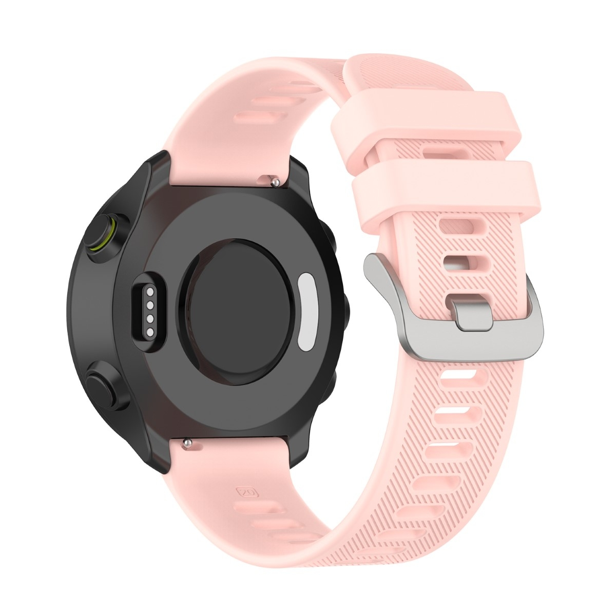 Rückansicht einer Smartwatch mit pinkfarbenem Armband, schwarzem Zifferblatt und silberner Schnalle.