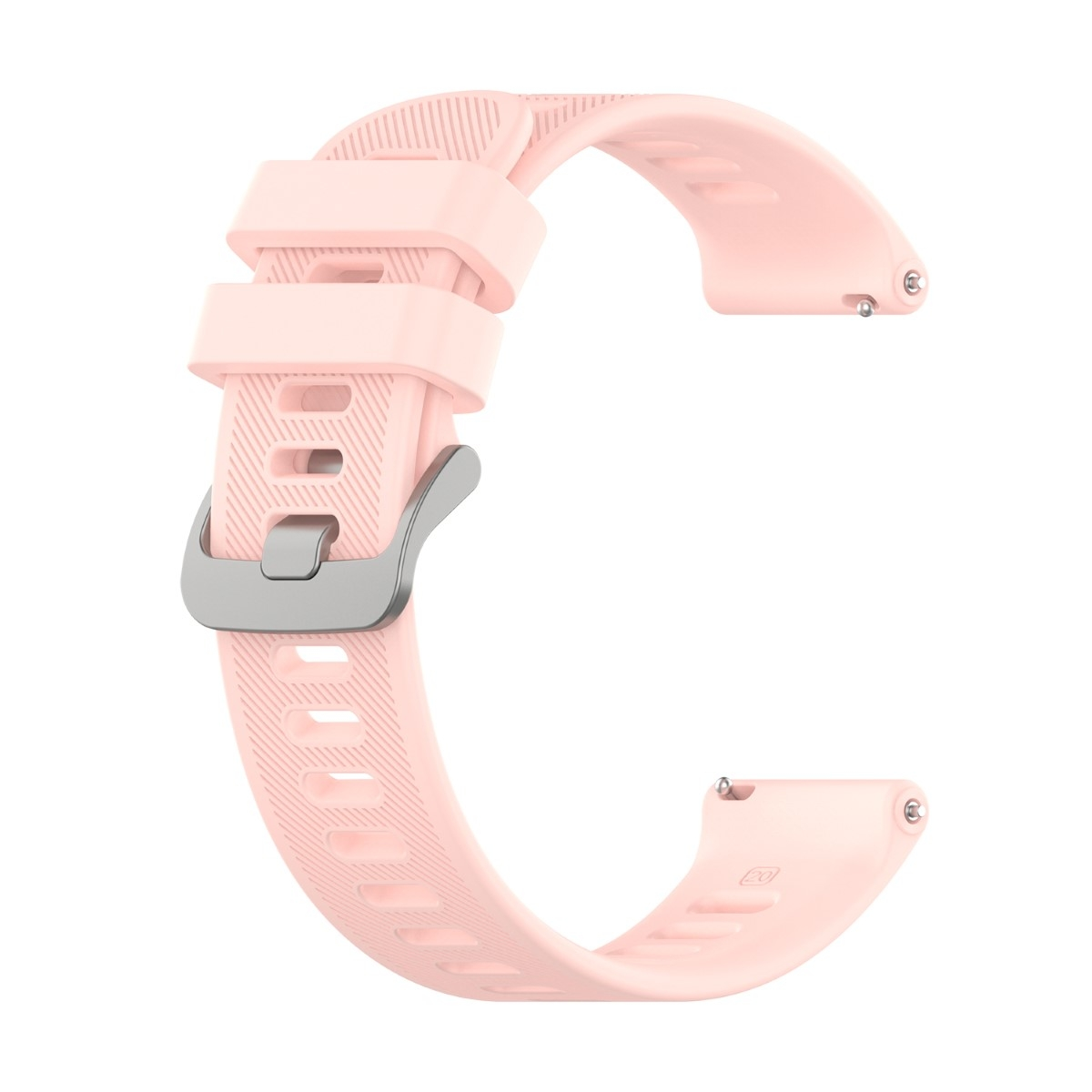 Ein rosa Silikon-Armband mit silberner Schnalle, C-förmig, auf weißem Hintergrund.