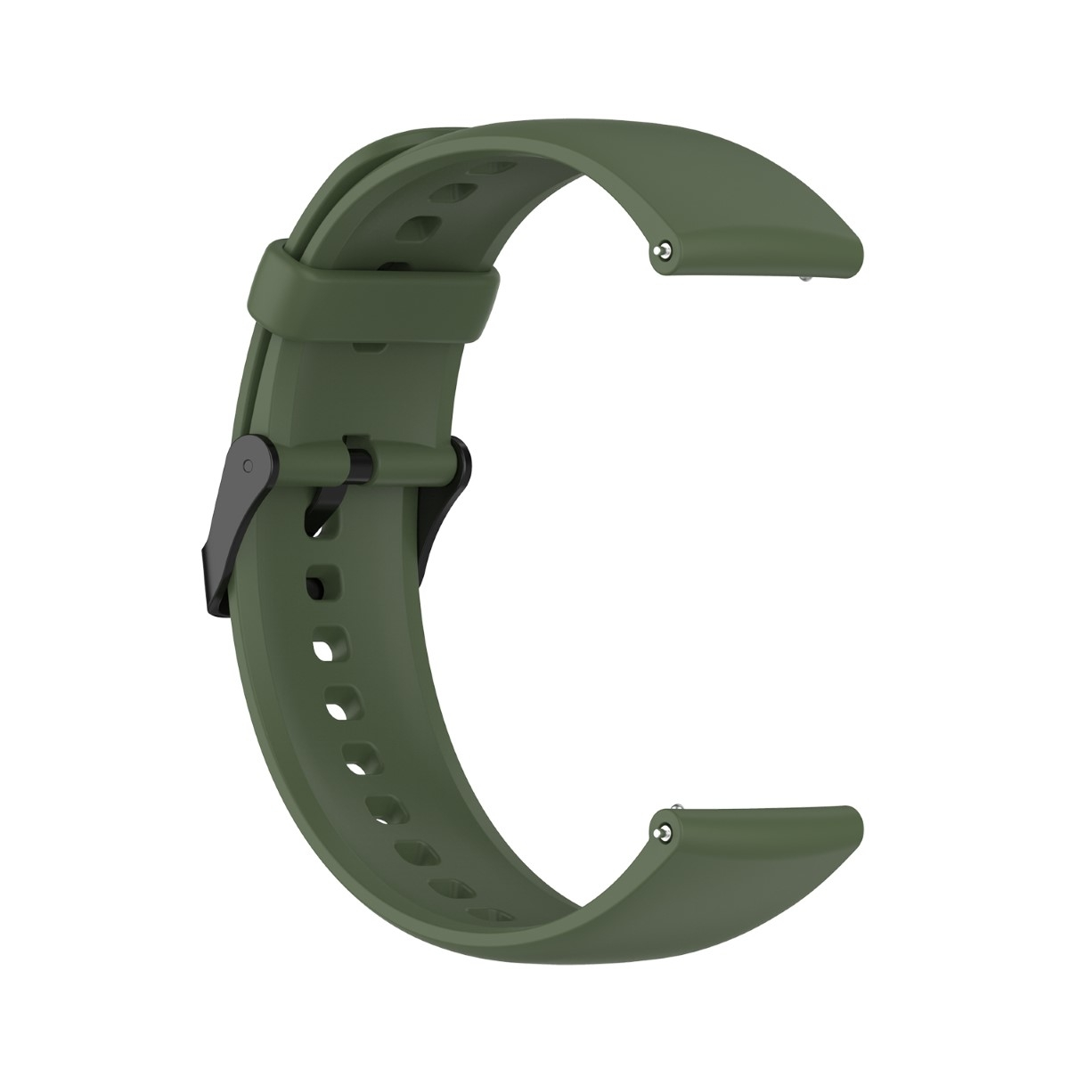 Olivgrünes Uhrenarmband mit schwarzer Schnalle. Das Armband ist gebogen und hat eine glatte Oberfläche.