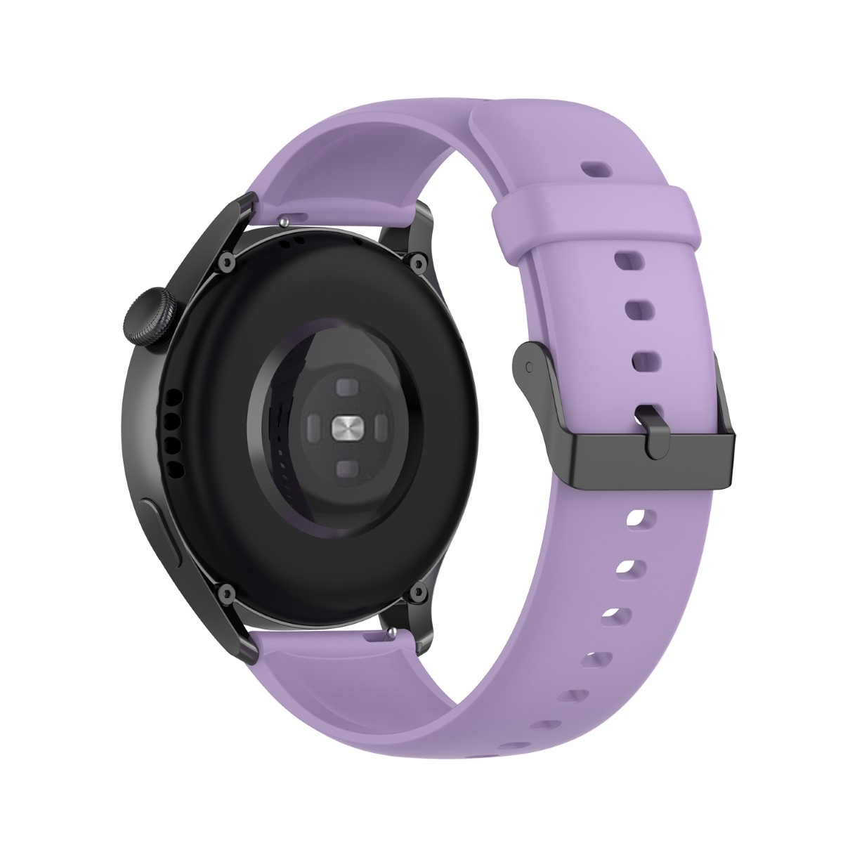 Lila Uhr mit Armband; schwarze Rückseite der Uhr.