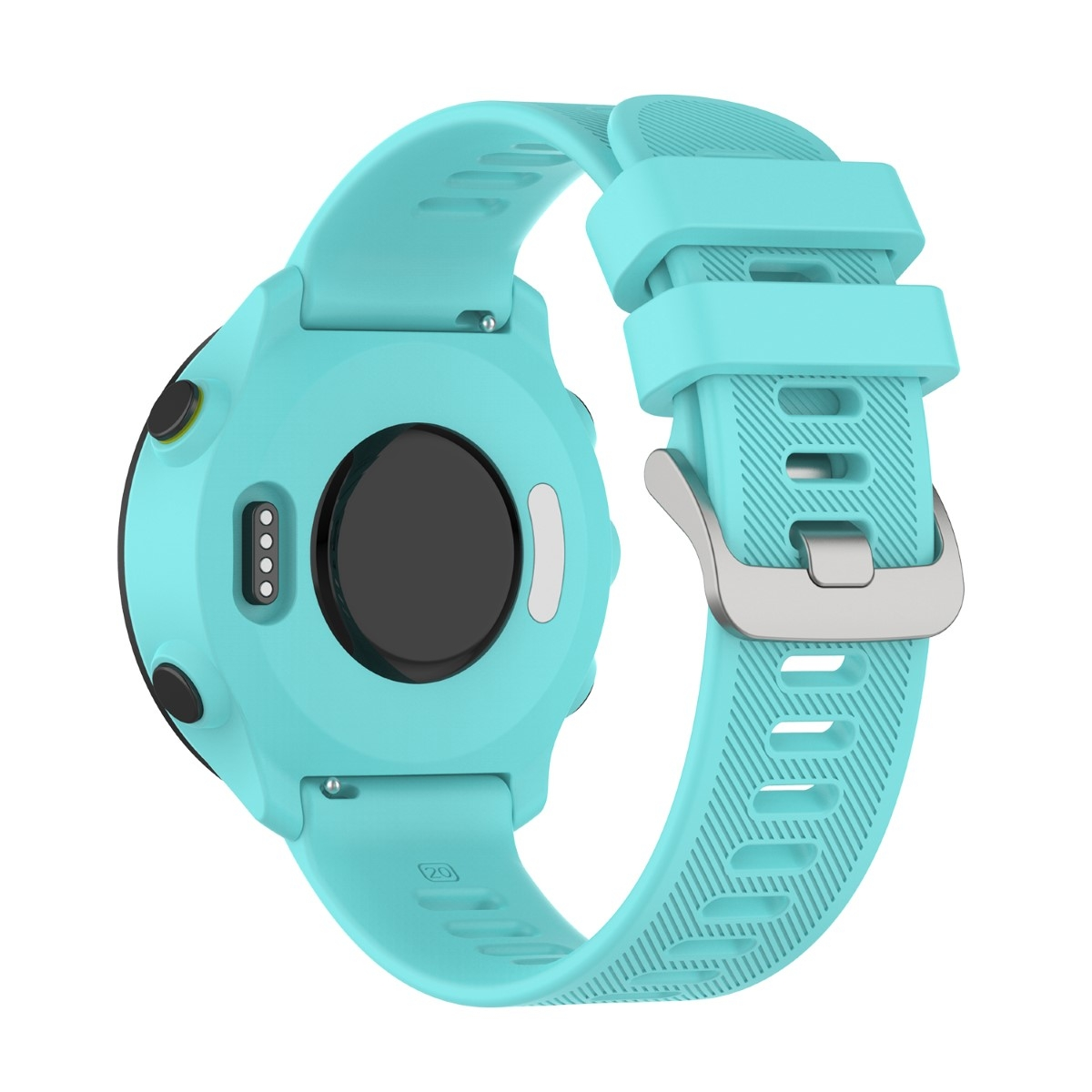 Eine türkisfarbene Smartwatch mit türkisfarbenem Armband. Die Rückseite zeigt Lade- und Sensorpunkte.