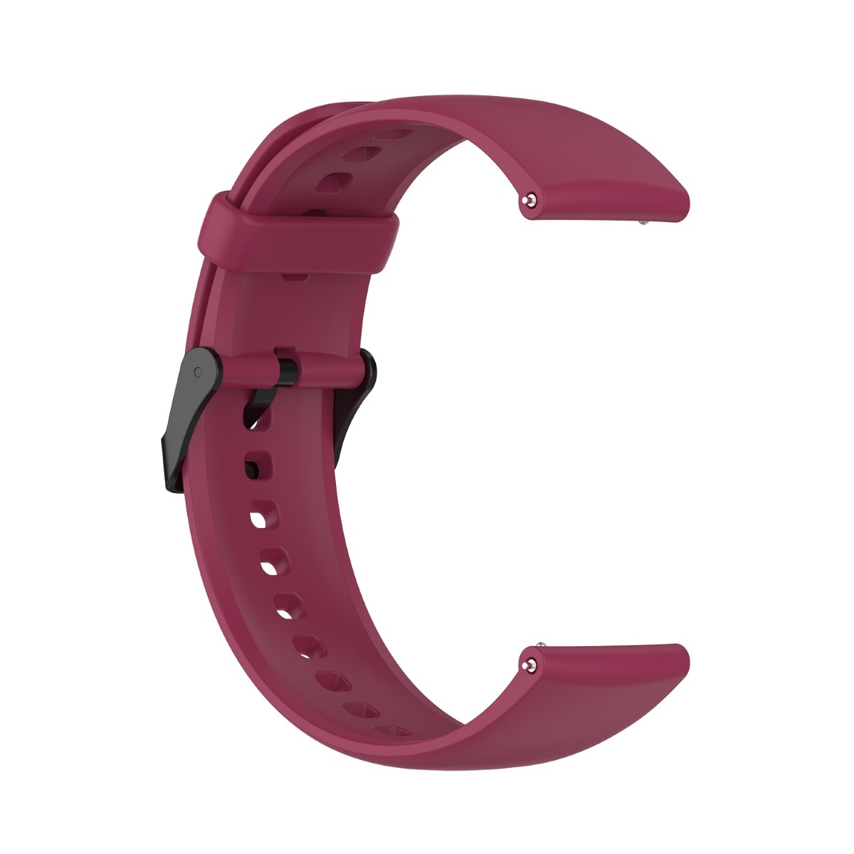 Burgunderfarbenes Uhrenarmband mit schwarzer Schnalle. Das Band hat Löcher zur Einstellung.