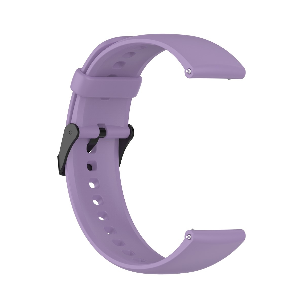 Lilafarbenes Uhrenarmband mit schwarzem Verschluss. Weißer Hintergrund.