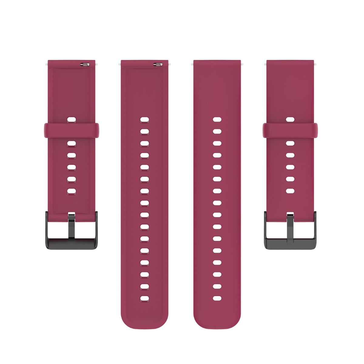 Vier weinrote Uhrenarmbänder, zwei mit Löchern und zwei mit Schnallen, vor weißem Hintergrund.