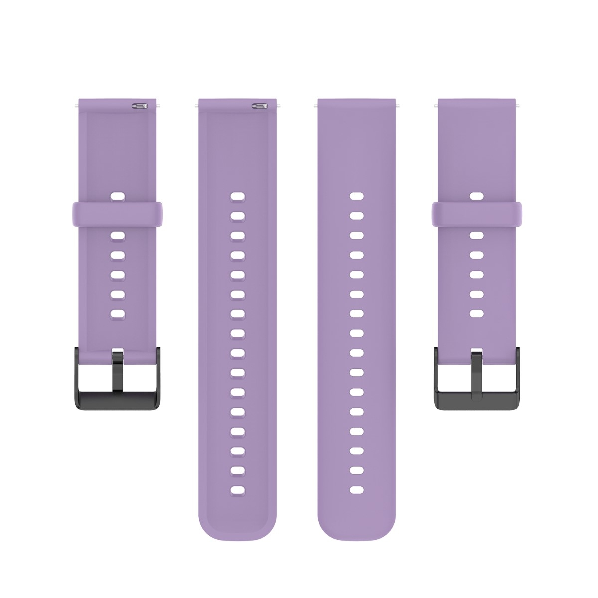 Lila Uhrenarmbänder. Zwei komplette Bänder und zwei Bandteile. Weißer Hintergrund.