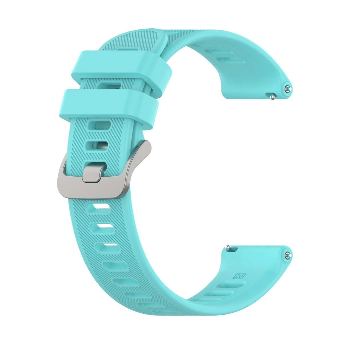 Hellblaues Uhrenarmband mit silberner Schnalle. Das Armband hat ein geripptes Design. Das Armband ist gebogen.