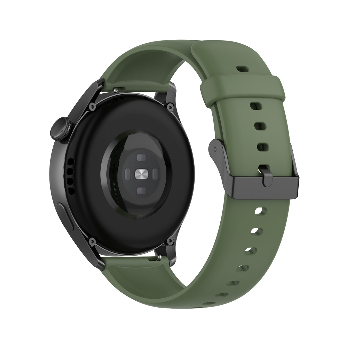 Smartwatch von hinten, mit grünem Armband. Die Uhr hat ein schwarzes Gehäuse und einen Herzsensor.