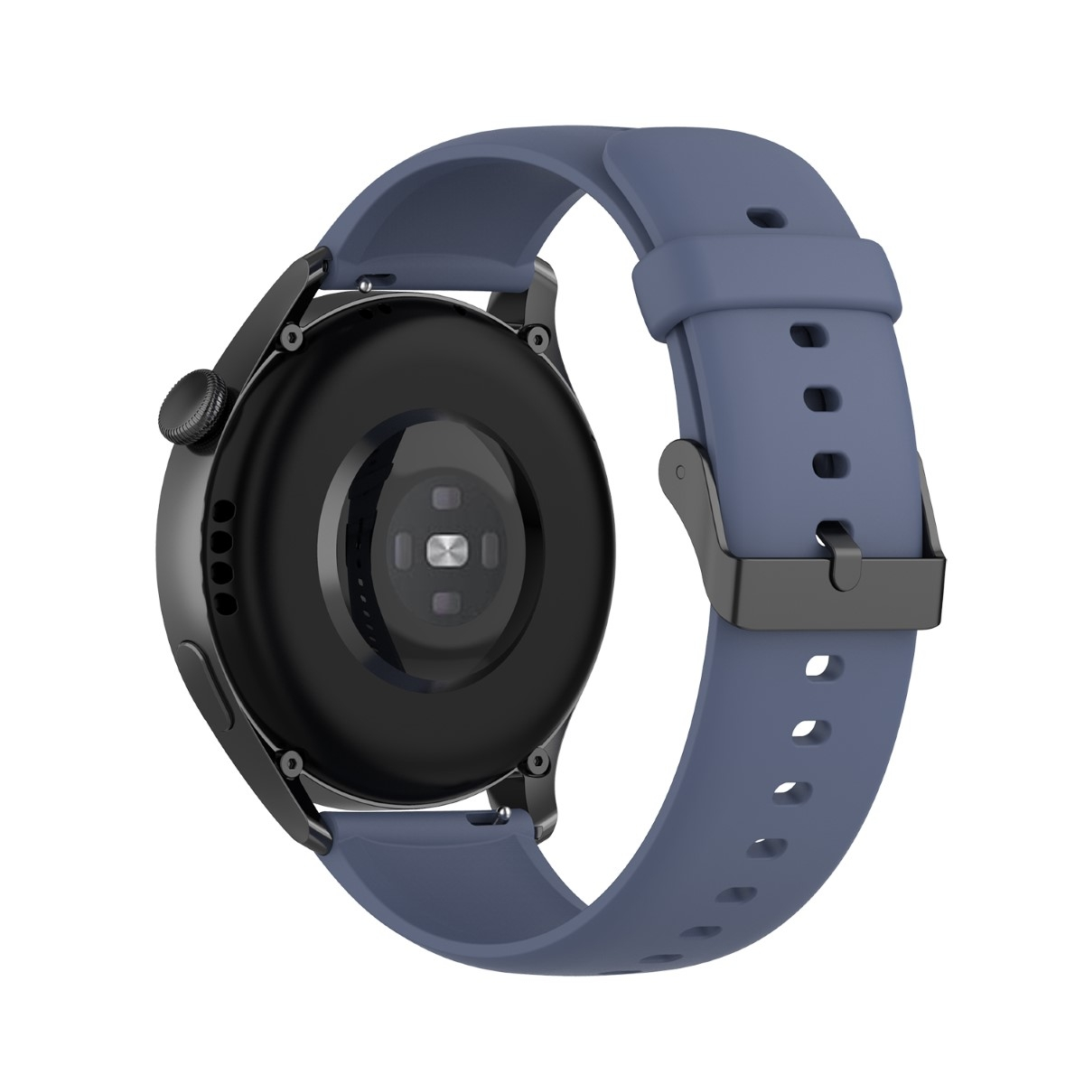Schwarze Smartwatch mit blauem Armband. Die Uhr hat einen kreisförmigen Bildschirm und ein schwarzes Gehäuse.