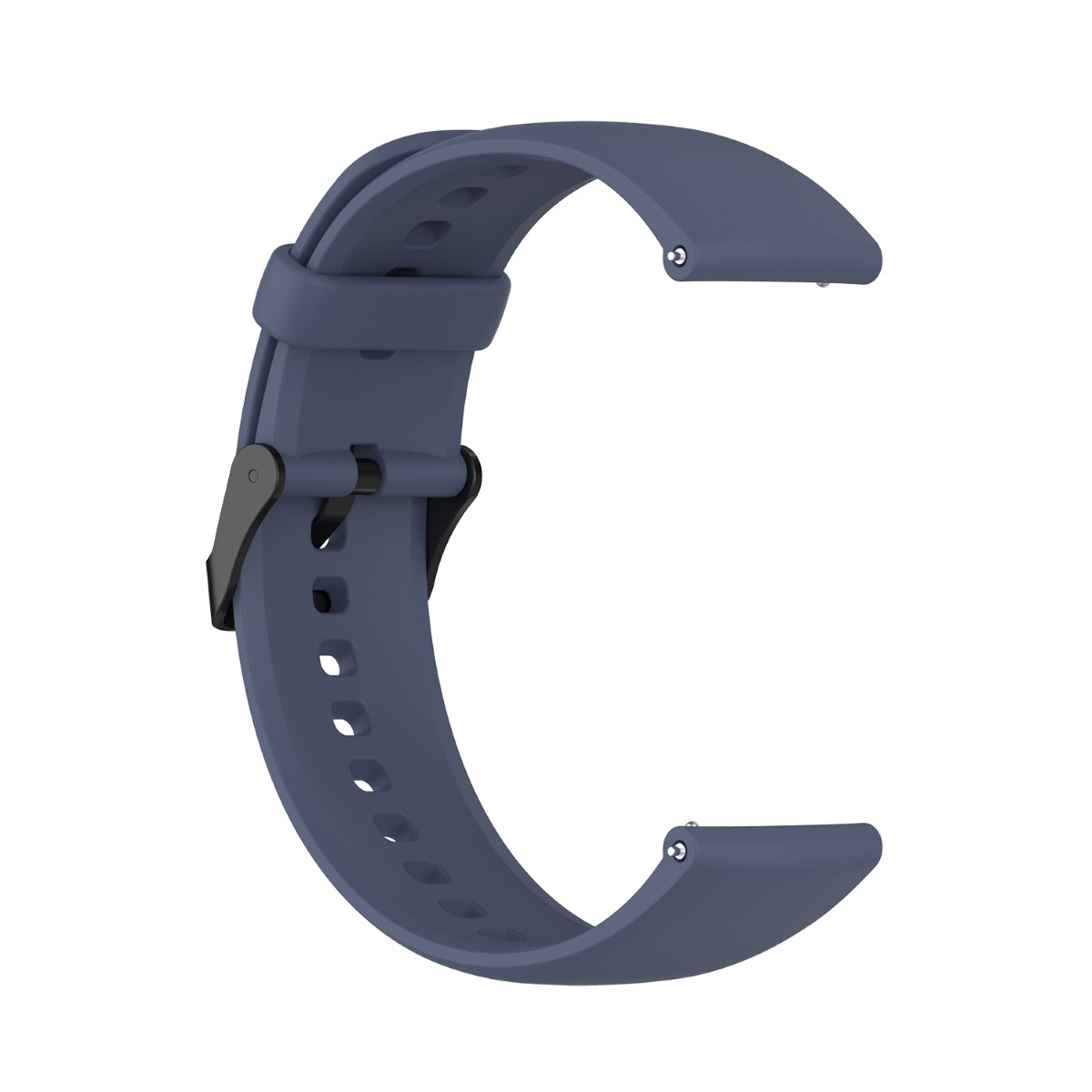 Dunkelblaues Smartwatch-Armband. Das Armband ist gebogen und hat eine schwarze Schnalle. Auf weißem Hintergrund.