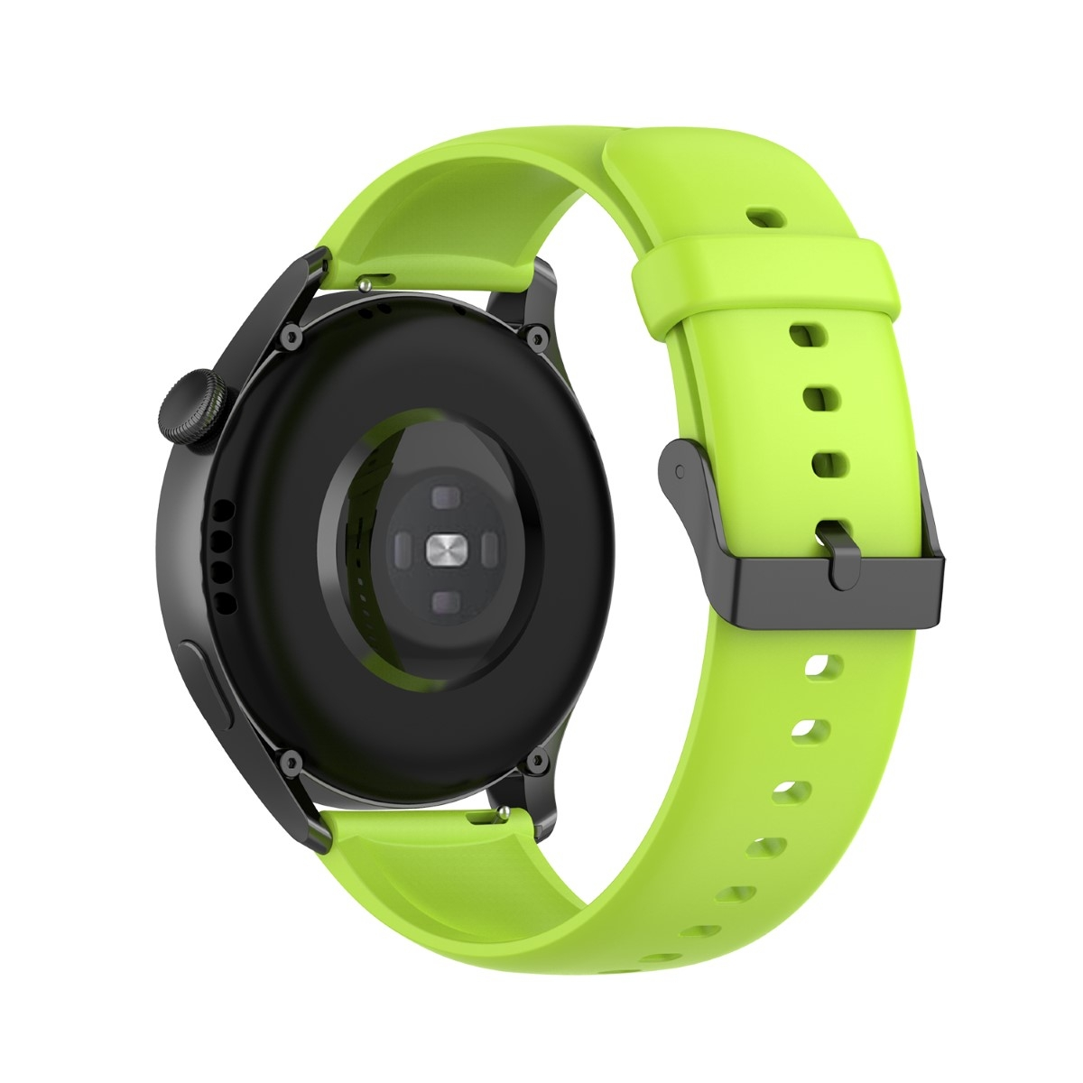 Grüne Uhr mit grünem Armband. Die Rückseite der Uhr ist sichtbar.