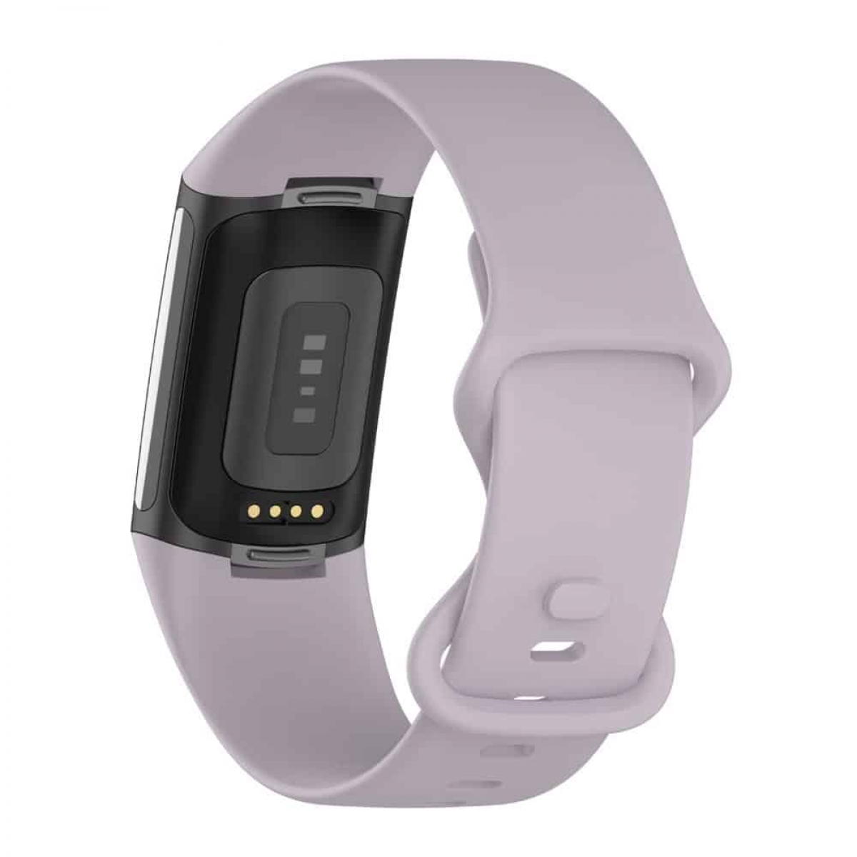 Lila Uhrenarmband mit schwarzem Bildschirm. Rückseite zeigt Sensor und goldene Punkte.