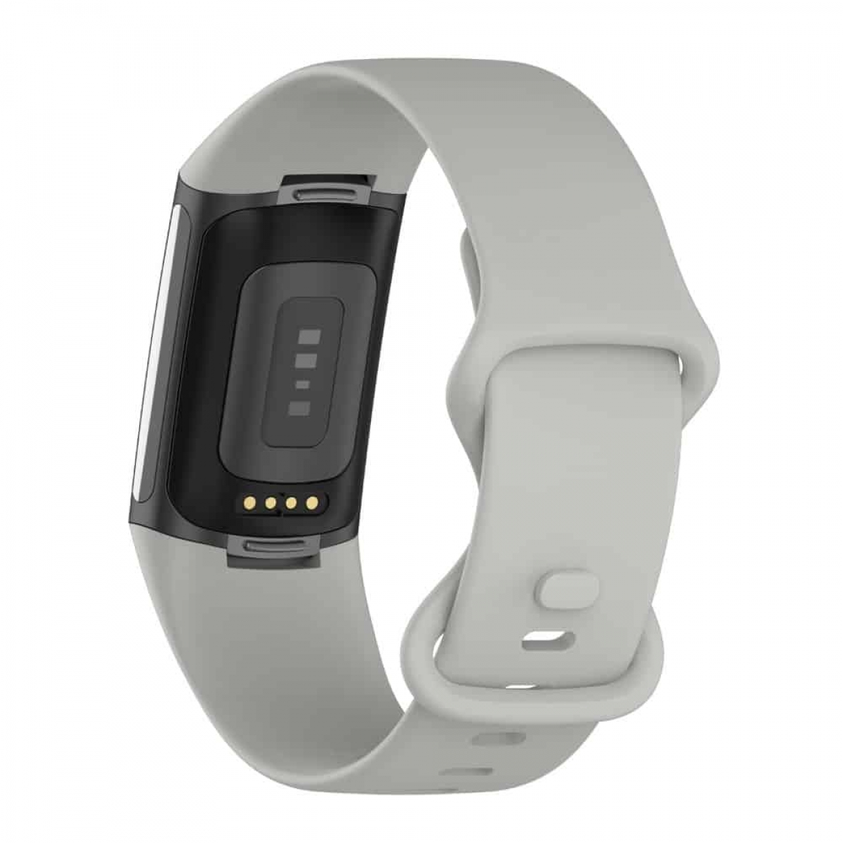 Hellgraue Smartwatch mit schwarzem Display und hellgrauem Armband.