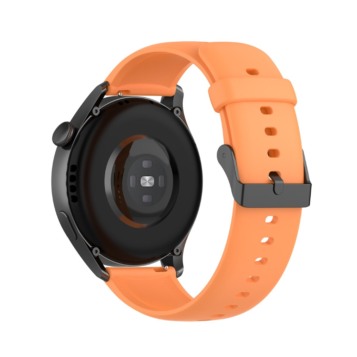Eine orangefarbene Uhr mit schwarzer Lünette und Armband vor weißem Hintergrund.