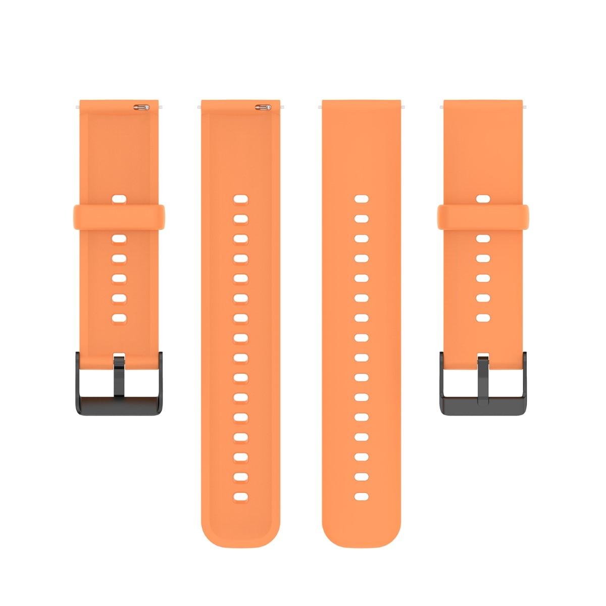 Vier orangefarbene Uhrenarmbänder mit schwarzen Schnallen. Zwei mit Löchern, zwei mit einem einzelnen Riemen.