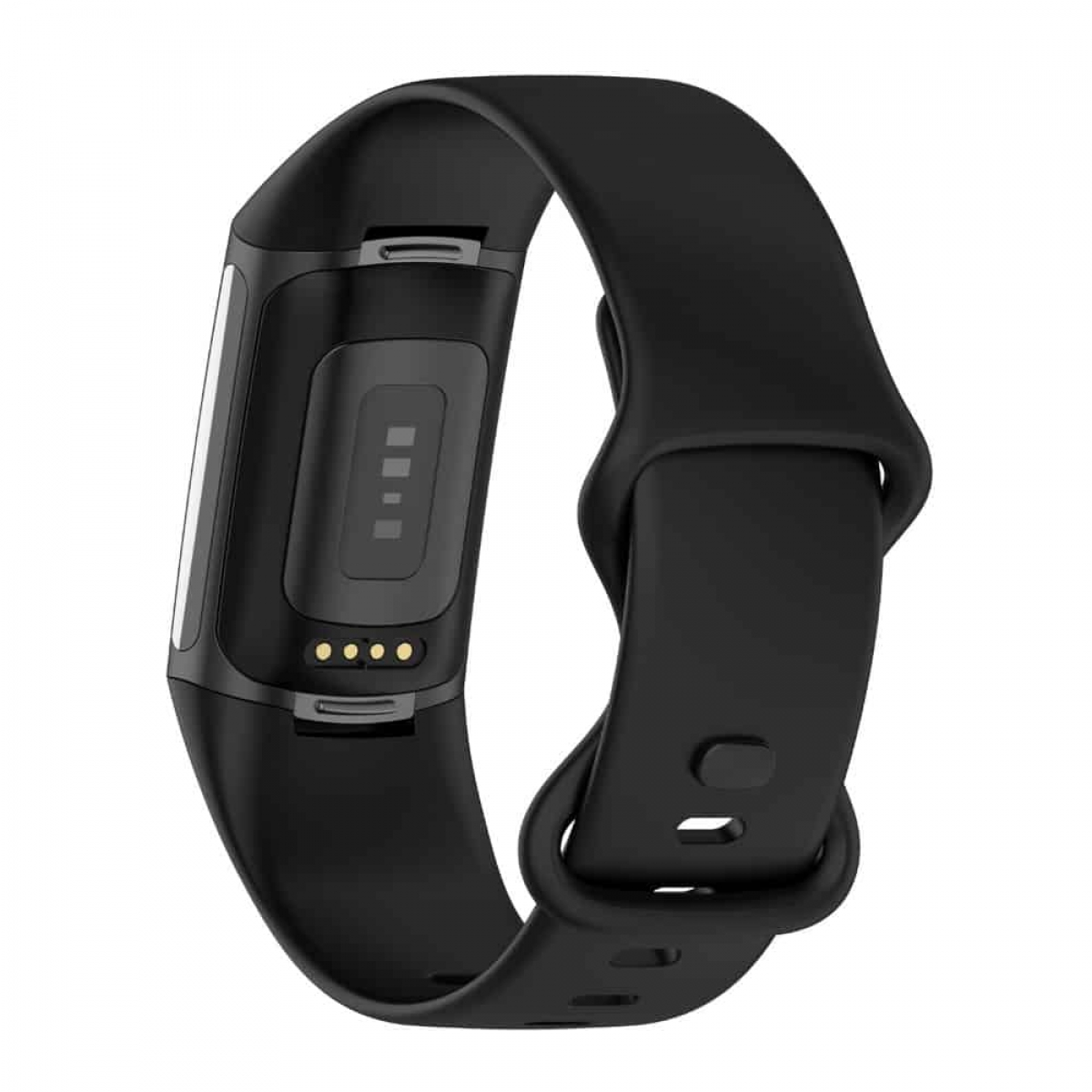 Ein schwarzes Uhrenarmband mit einem schwarzen Uhrenkörper. Die Rückseite zeigt Sensoren und Ladekontakte.