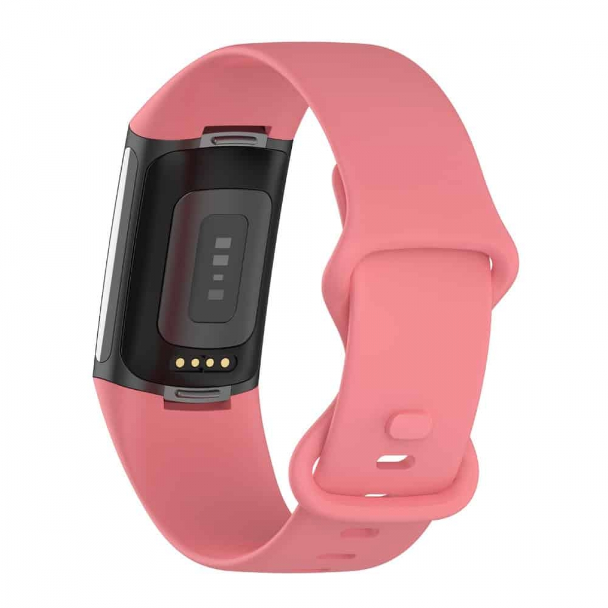 Rosa Fitness-Tracker-Armband mit schwarzem Gesicht. Die Rückseite hat Sensoren und Ladepunkte.