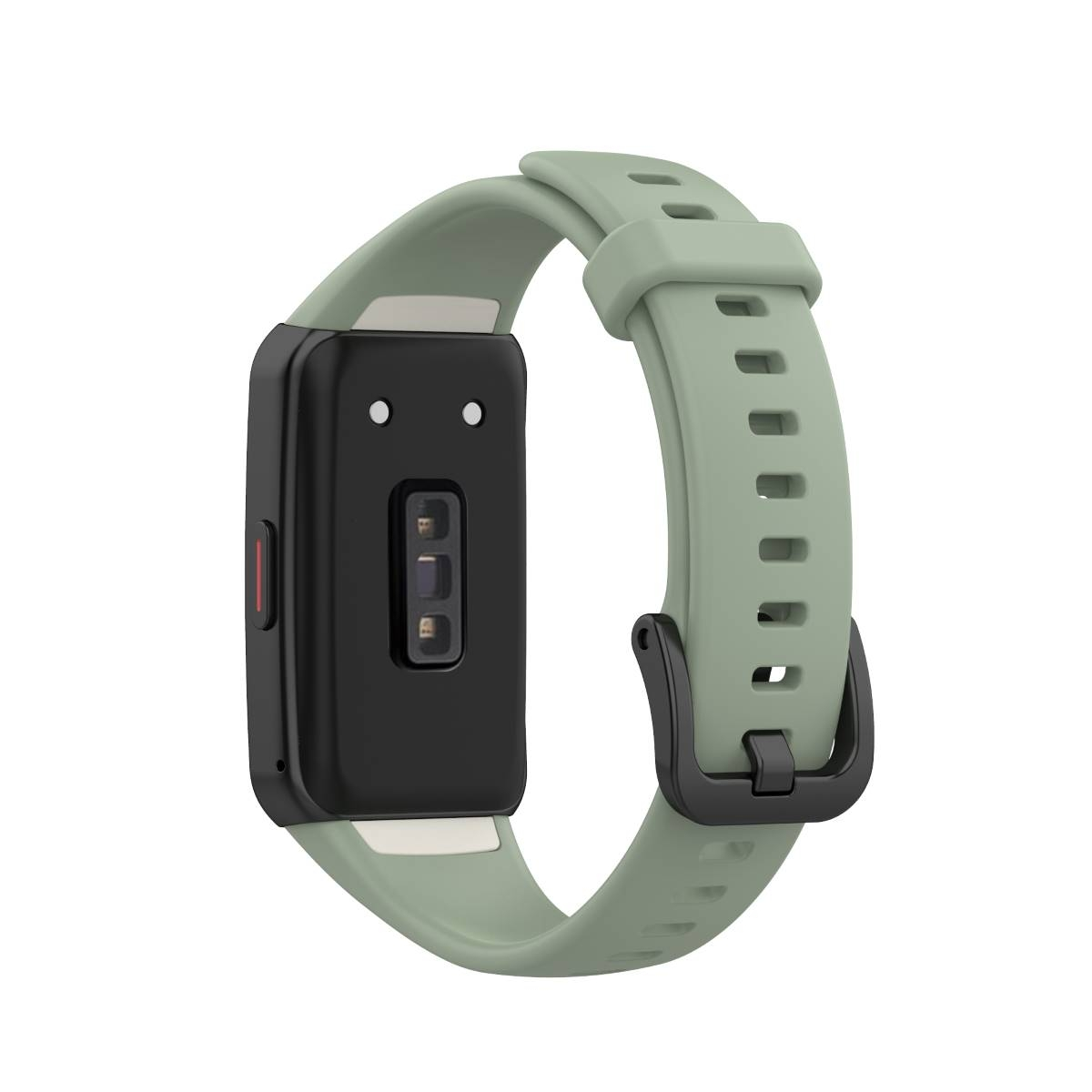 Hellgrünes Uhrenarmband an einer schwarzen Uhr. Das Armband ist gebogen. Die Uhr ist schwarz.