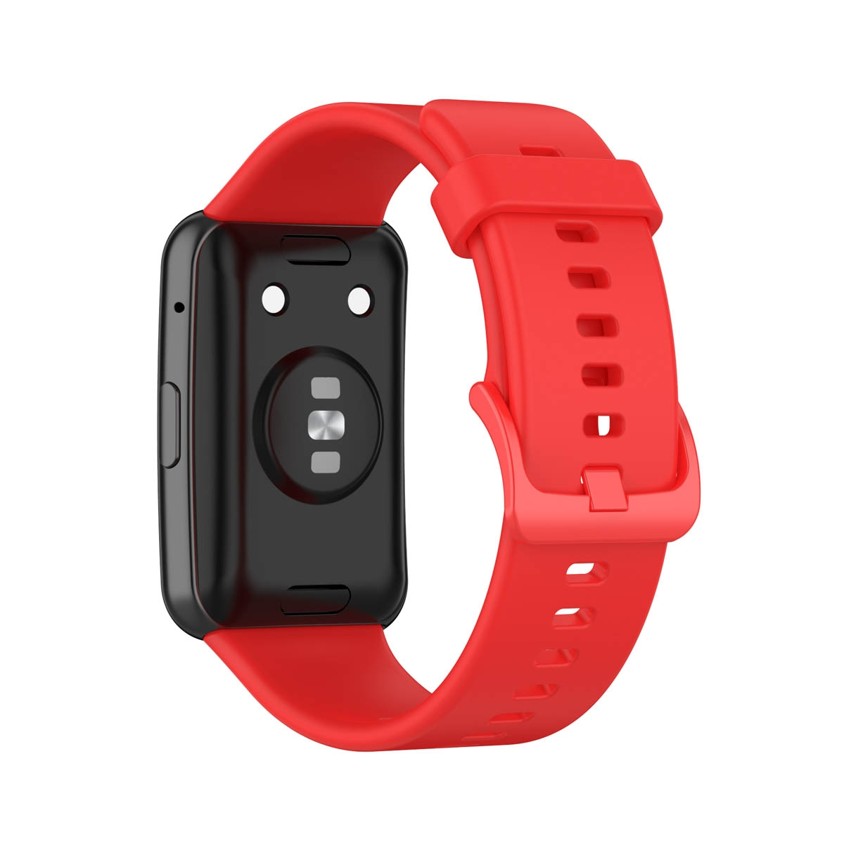 Rückseite einer roten Smartwatch. Zeigt Sensor und Bandanschluss. Weißer Hintergrund.