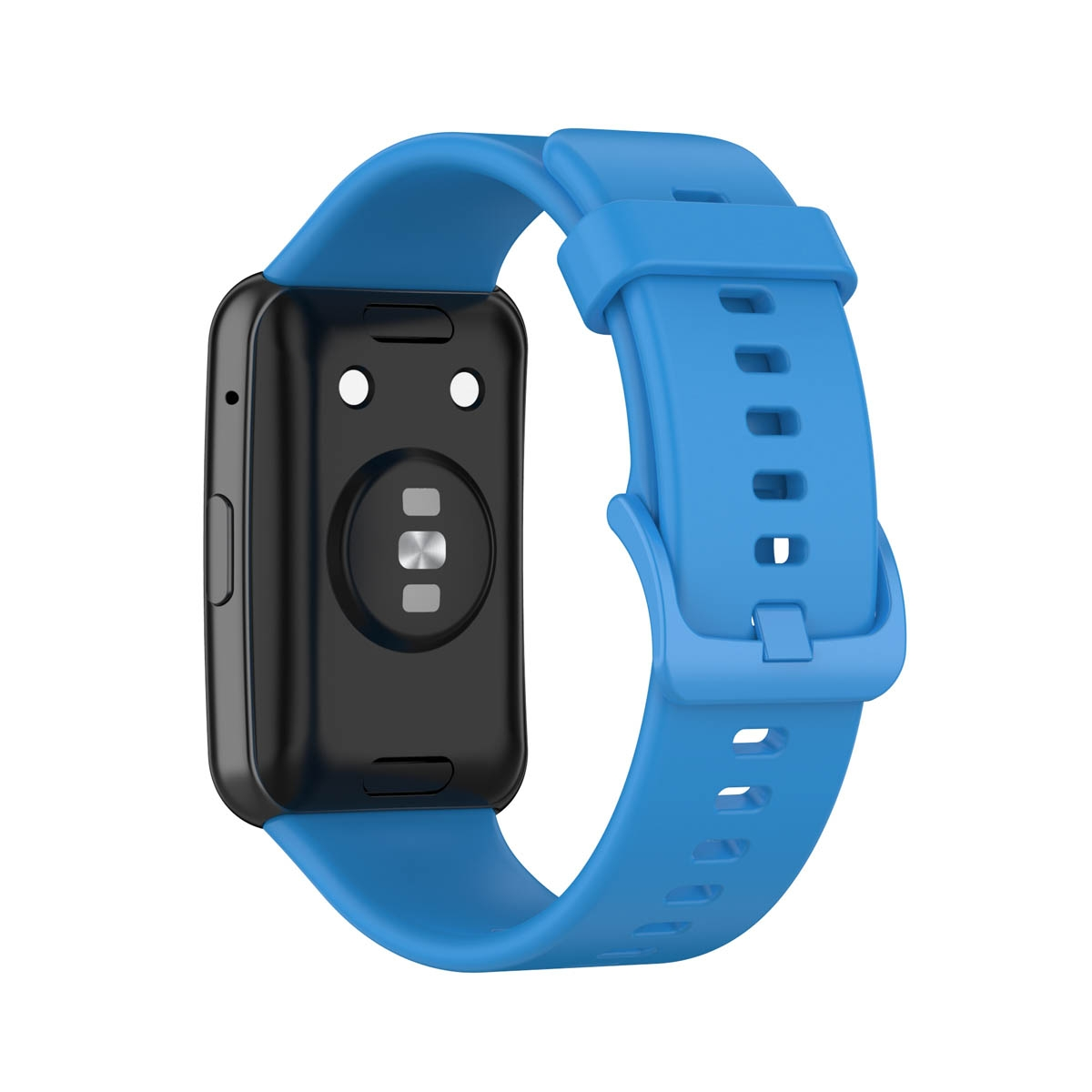 Blaue Smartwatch mit schwarzem Bildschirm, blauem Armband.