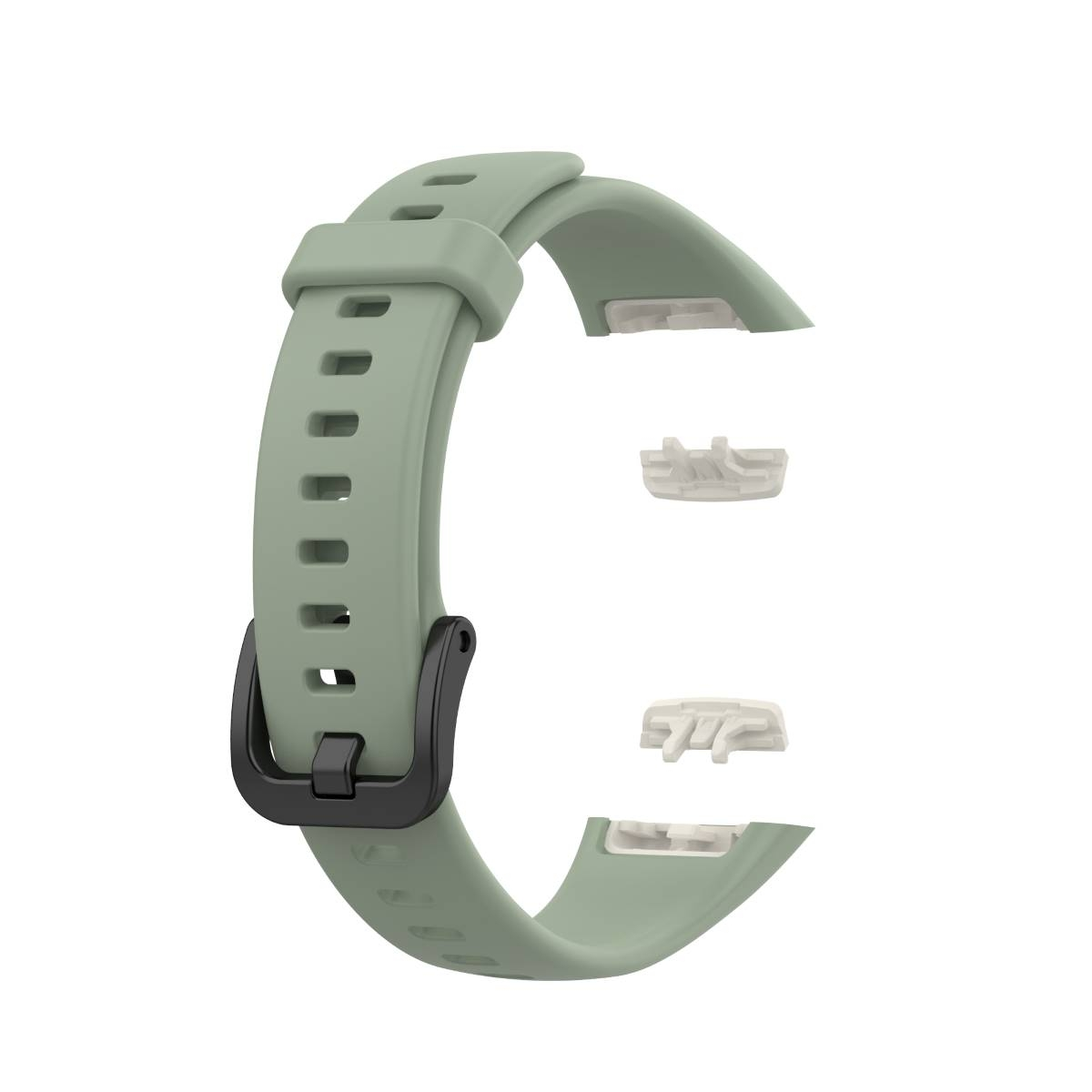 Grünes Uhrenarmband mit schwarzer Schnalle. Das Armband ist gebogen und hat zwei weiße Kunststoffteile zur Befestigung.