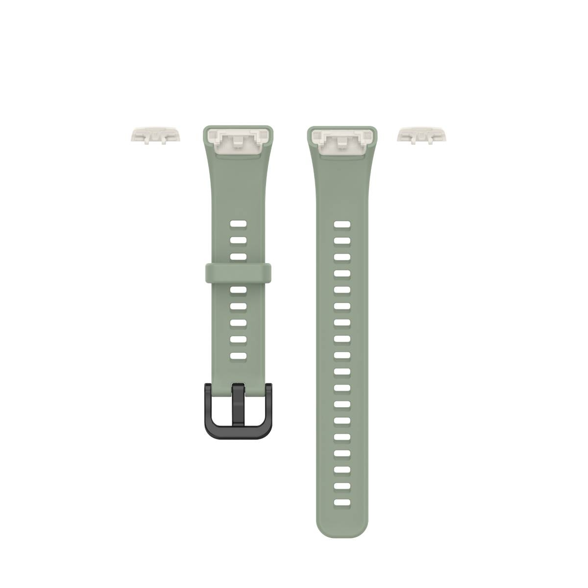 Grünes Uhrenarmband und Verbinder mit schwarzer Schnalle.