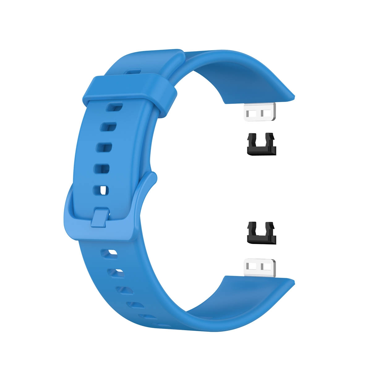 Ein blaues Uhrenarmband mit einer blauen Schnalle und zwei schwarzen Steckern.