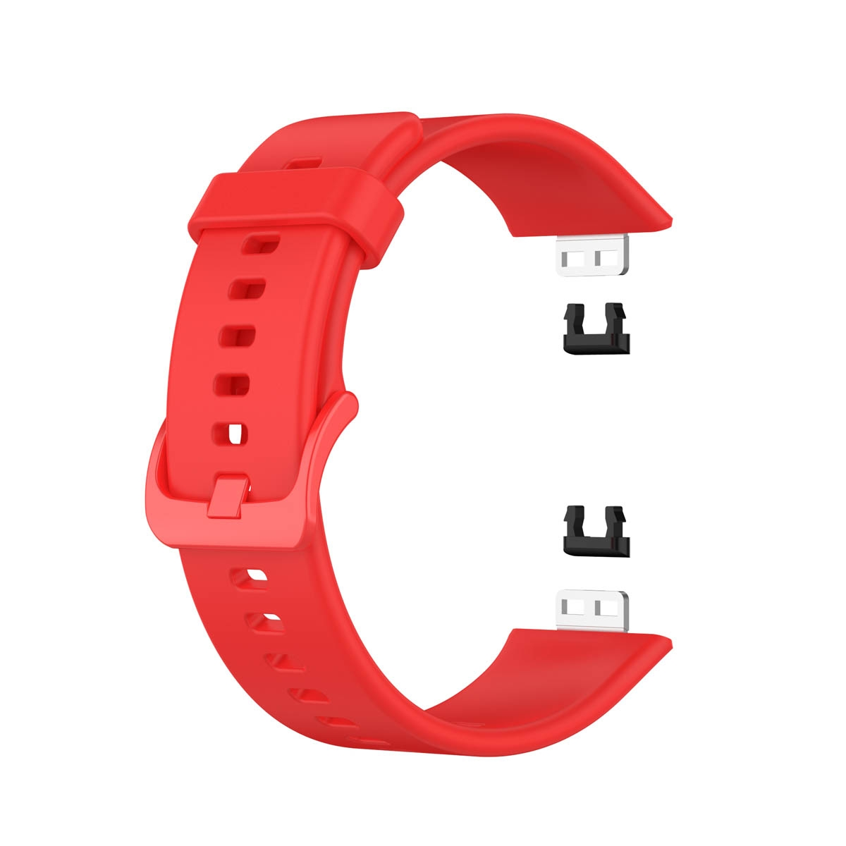 Rotes Uhrenarmband mit Schnalle und zwei schwarzen Verbindern. Das Band ist abgelöst und bereit.