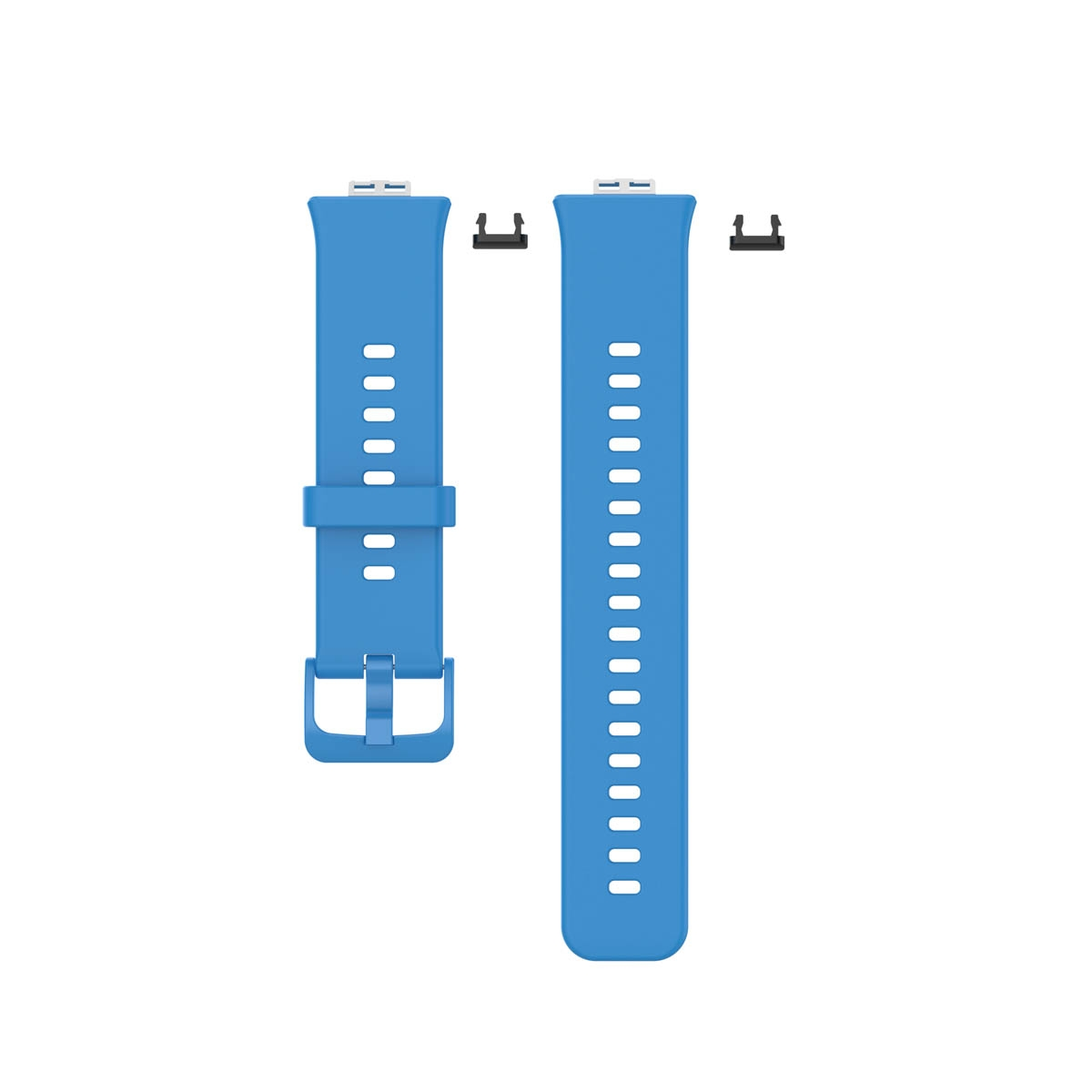 Zwei blaue Uhrenarmbänder mit Anschlüssen. Jeder Riemen hat Löcher und Schnallen.