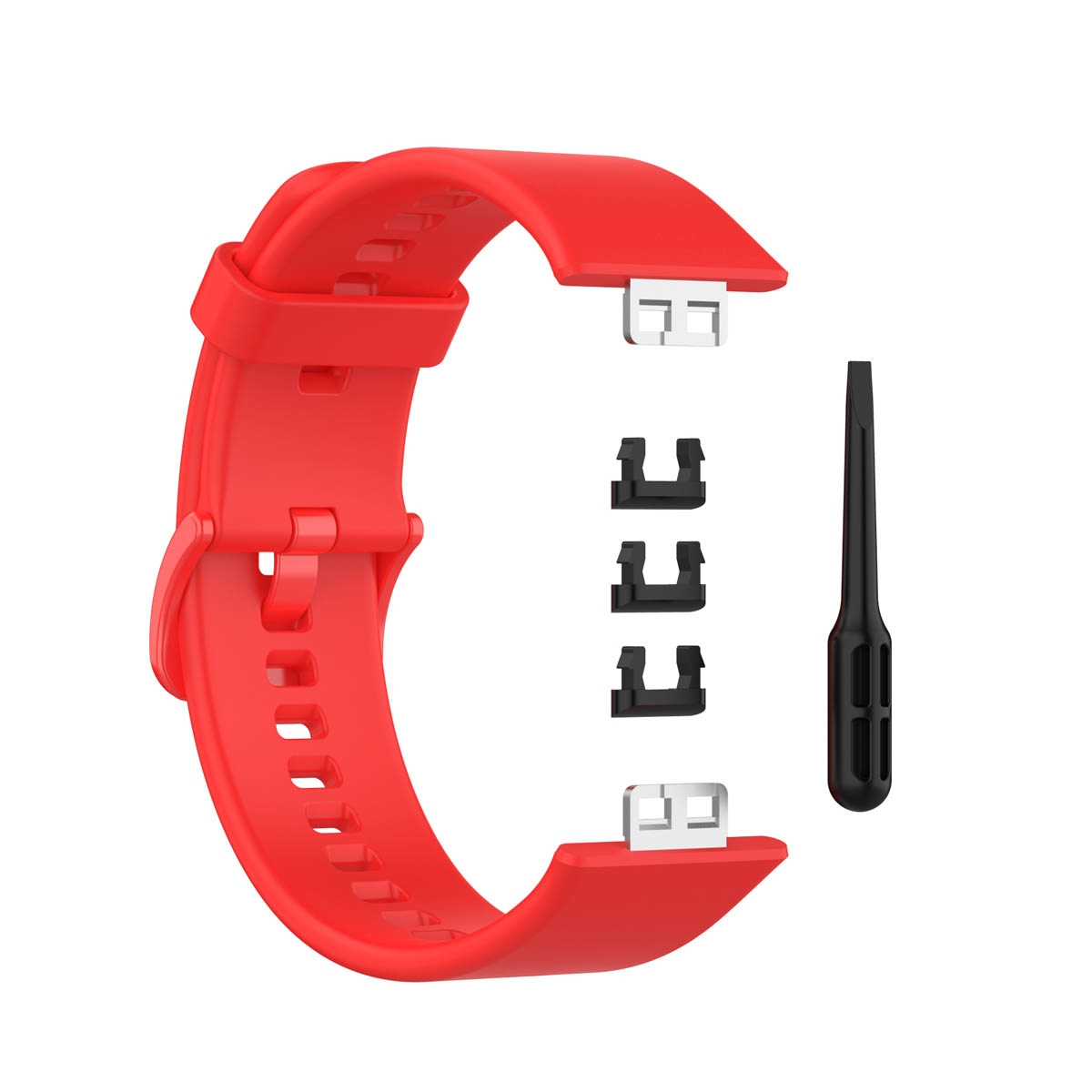 Rotes Uhrenarmband und Werkzeuge. Enthält das Band und die Werkzeuge zum Befestigen.