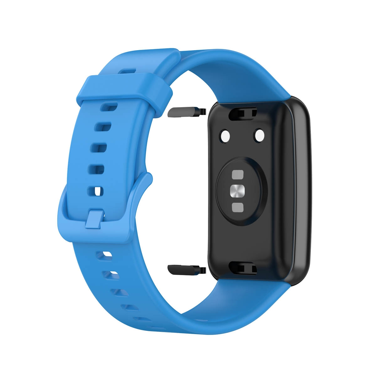 Blaues Smartwatch-Armband mit Uhrengehäuse und Anbauteilen. Schwarze und blaue Farben.
