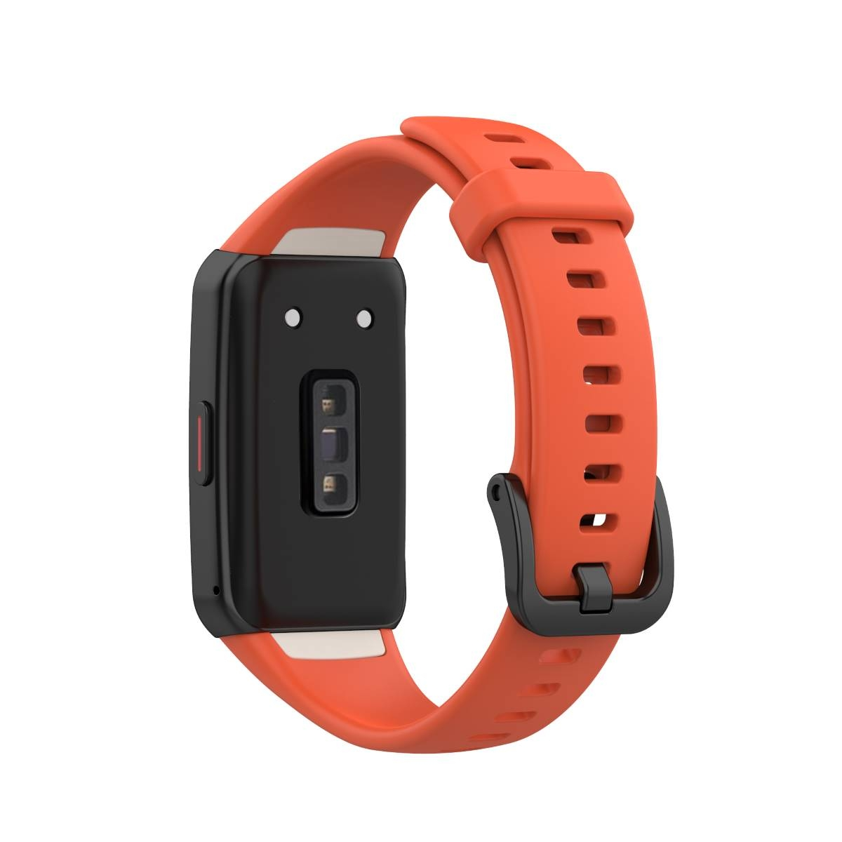 Orangenes Smartwatch-Armband mit schwarzem Display. Gebogene Form, isoliert auf weißem Hintergrund.