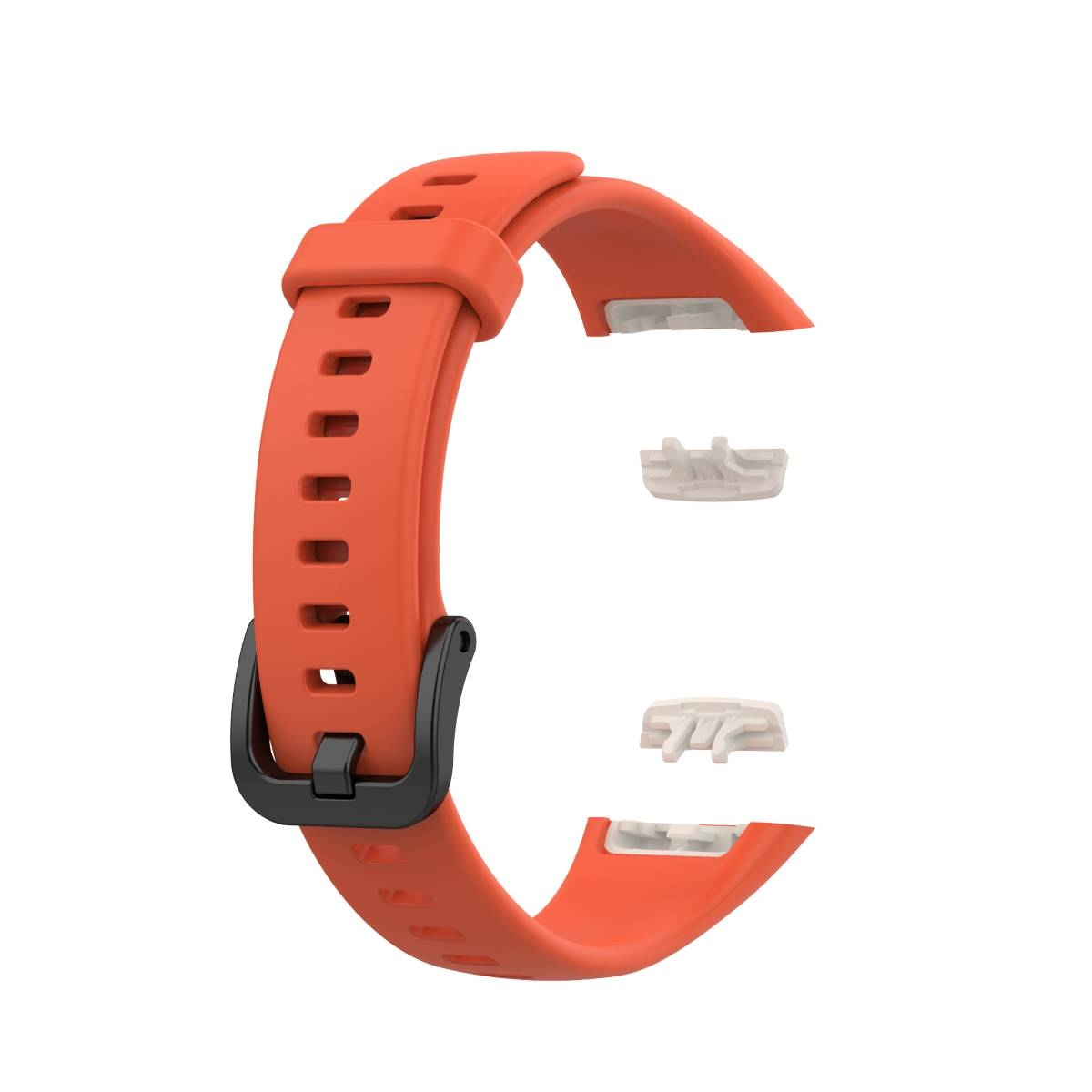 Orangenes Smartwatch-Armband mit schwarzer Schnalle und weißen Befestigungsteilen. Weißer Hintergrund.