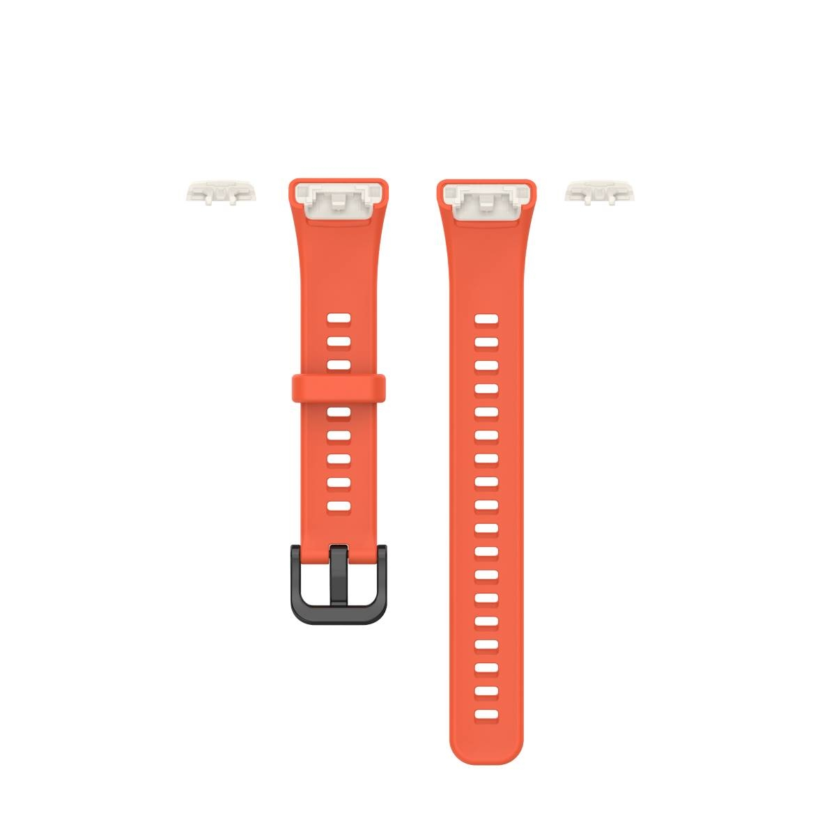 Oranges Uhrenarmband mit schwarzer Schnalle. Weißer Hintergrund.