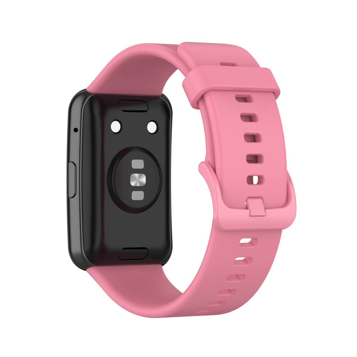 Rosafarbene Smartwatch mit rosafarbenem Armband. Die Rückseite der Uhr ist schwarz.